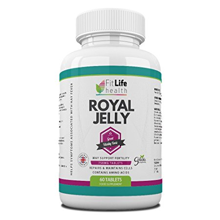 ROYAL JELLY by Fit Life Health - 750mg High Strength - For Healthy Hair And Skin - Boosts Energy Levels - Helps Fight The Symptoms Of Hay Fever - Suitable For Vegetarians - 60 Tablets - Made In UK
