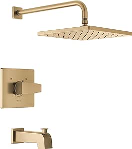 Delta Faucet Modern Raincan Square Single-Function Tub and Shower Trim Kit Gold, Tub Faucet Set, Rainfall Shower Head Gold, Delta Shower Kit, Champagne Bronze T14468-CZ-PP (Valve Not Included)