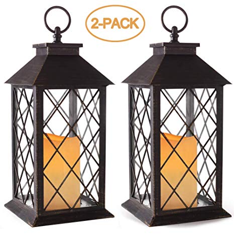 Bright Zeal 2-Pack 14" Vintage Candle Lantern with LED Flickering Candle (Distressed Bronze, 6hr Timer) - Outdoor Hanging Candle Lantern Battery Powered - Tabletop Lantern Decorative - Home Lanterns