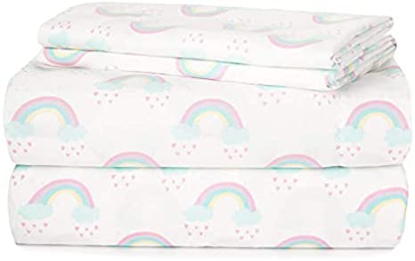 Heritage Kids 4 Piece Sheet Set, Including Fitted Sheet, Top Sheet and 2 Pillow Cases, Rainbow Print, Full, Multicolor