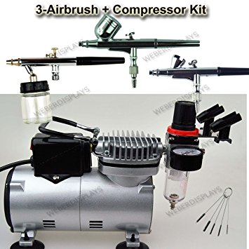 Pro 3 Double-Action Airbrush & Compressor Kit Dual-Action Air Brushes Set, Regulator and Pressure Gauge, Braided Hose, Holder, Brushes and Jars For Art Tattoo Nail