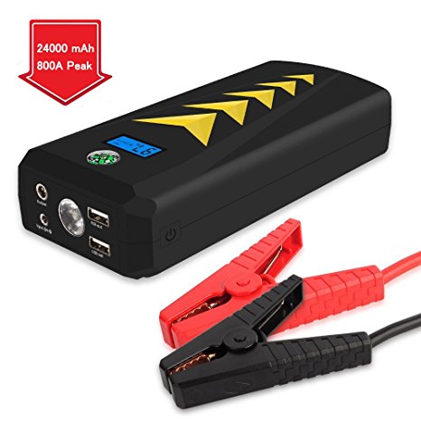 PEMENOL 24000mAh Car Jump Starter 800A Peak (up to 6.5L Gas, 5.0T/5.2L Diesel Engine) Portable Auto Battery Booster Jumper with Dual Smart Charging Ports, LED SOS Flashlight, Compass, Safety Hammer
