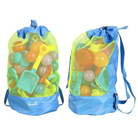 EocuSun Large Mesh Beach Bag Tote Durable Sand Away Drawstring Beach Backpack Swim and Pool Toys Storage Bags Packs, Stay Away From Sand and Water (Sky Blue)