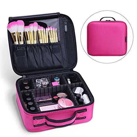 Travel Makeup Bag Train Case Makeup Cosmetic Case Organizer Portable Artist Storage Bag for Cosmetics, Brushes, Toiletries, Travel Accessories, Jewelry and Digital accessories Hot Pink