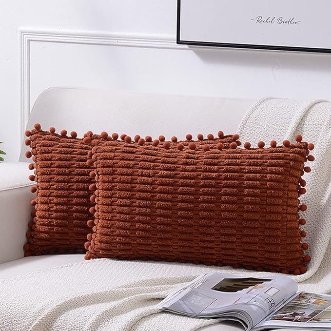 Fancy Homi 2 Packs Rust Lumbar Decorative Throw Pillow Covers 12x24 Inch with Pom-poms for Couch Bed Sofa, Modern Farmhouse Boho Home Decor, Soft Plush Corduroy Rectangle Cushion Case 30x60 cm