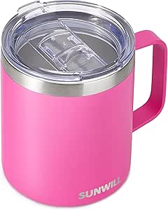 SUNWILL Insulated Coffee Mug with Lid, Stainless Steel Coffee Travel Mug, Coffee Cup with Handle 14oz for Home, Office, Camping, Powder Coated Magenta