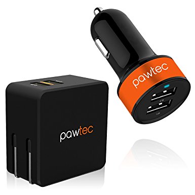 Pawtec Signature 2-Pack Charging Combo Power Kit High-Speed Dual 2-Port USB Car & Wall Charger Bundle Apple & Android Smart Circuit Optimized For All iPhone, iPad, Galaxy, Smartphones, & Tablets with Storage Sleeve for Apple iPhone 7 / 7 Plus / 6s 6 / 6s 6 Plus / iPad Air / iPad mini 3, Samsung Galaxy, Note (Black)