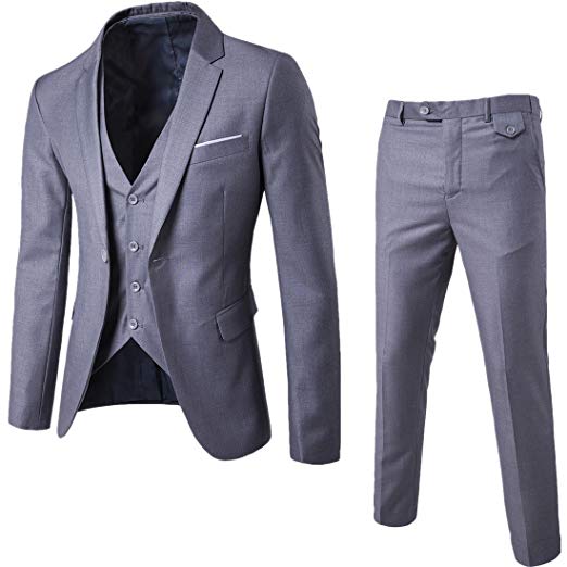 WULFUL Men’s Suit Slim Fit One Button 3-Piece Suit Blazer Dress Business Wedding Party Jacket Vest & Pants