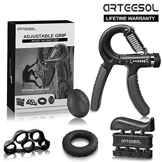 ARTEESOL Hand Grip Strengthener Forearm Trainer Kit 5Pack,Adjustable Hand Gripper(11-132lbs)&Resisitance Finger Exerciser&Grip Ring&Finger Stretcher&Hand Therapy Ball for Athletes