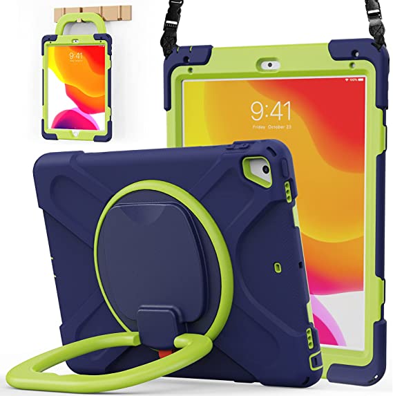 BATYUE iPad 9.7 inch Case for 2018 iPad 6th Gen/ 2017 iPad 5th Gen, iPad Air 2/ iPad Pro 9.7'',Shockproof Protective Rugged Cover with Pencil Holder &Rotating Bracket &Shoulder Strap(Navy Blue Lime)