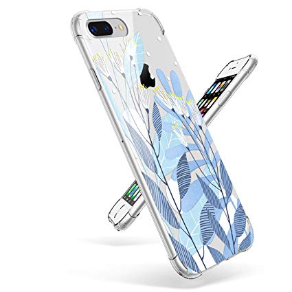 iPhone 7 Plus Case Clear, GVIEWIN Ultra-thin Flexible TPU iPhone 8 Plus Cover for Girls Flower Print Shock Absorption Phone Cases for Apple iPhone 7 Plus & iPhone 8 Plus (Blue Water Flora)