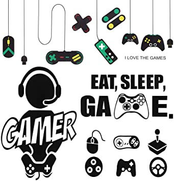 17 Pieces Game Wall Stickers Video Gaming Decals, Video Gamer Boy Vinyl Wall Decals and Zone Loading Wall Stickers Controller Decals for Kids Boys Men Bedroom Playroom Home, 1 Set