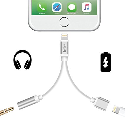 2 in 1 Lightning iPhone 7/ 8 Adapter & Splitter, Sprtjoy Lightning Adapter and Charger, Lightning to 3.5mm Aux Headphone Jack Audio Adapter for iphone 7 / 8 plus / X (Silver)