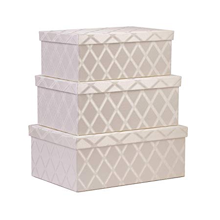 Storage Bins with Lid 3-pcs Set - Fabric Decorative Storage Boxes with Lids - Shelf Closet Organizer Basket - Stylish Decor Bin Fits in Any Room - Large/Medium/Small Sizes (Off-White)