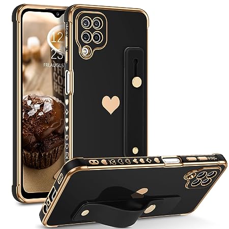 DUEDUE for Samsung Galaxy A12/M12/F12 Case with Wristband Kickstand Plating Love Heart Pattern Soft TPU Slim Cover Full Camera Lens Protection Shockproof Phone Case for Samsung A12/M12/F12 6.5", Black