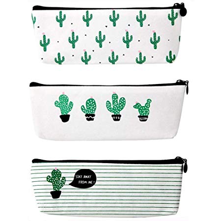 Demarkt Cactus Pencil Case Canvas Pencil Bag Stationary with Zipper Multifunctional Pencil Pouch Cosmetic Bag Purse Pack of 3
