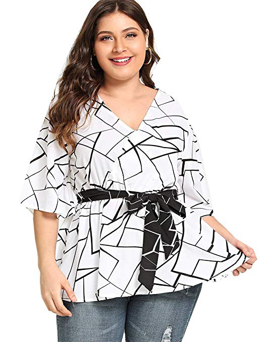 Romwe Women's Plus Size Floral Print Short/Long Sleeve Belt Tie Peplum Wrap Blouse Top Shirts