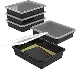 Storex Letter Size Flat Storage Tray – Organizer Bin with Non-Snap Lid for Classroom, Office and Home, Black, 5-Pack (62535A05C)