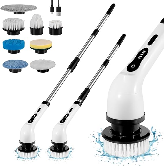 Electric Spin Scrubber, Shower Scrubber with 8 Replaceable Brush Heads and Adjustable Extension Handle, Spin Scrubber 400rpm/Mins, 2 Adjustable Speeds, Crodless Cleaning Brush for Bathroom Floor Tile
