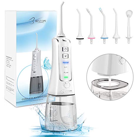 BESTOPE Water Flosser Cordless Oral Irrigator Electric Flosser with 300ml Removable Reservoir and 5 Jet Nozzles 3 Water Pressure USB Rechargeable Dental Flosser