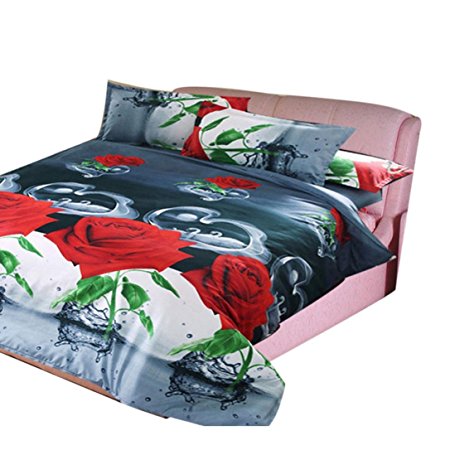 Ikevan 4 Pcs Bed Lovers Bed Linen Home Textile Holiday Lovers Bedding Set Queen Size Duvet Cover Bed Pillowcases (1pc Duvet Cover,1pc Flat Sheet and 2pcs Pillowcases) (Red)