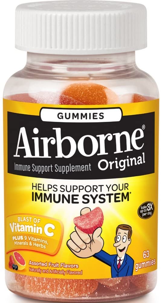 Vitamin C 750mg - Airborne Assorted Fruit Flavored Gummies (63 count in a bottle), Gluten-Free Immune Support Supplement with Echinacea and Ginger, Packaging May Vary