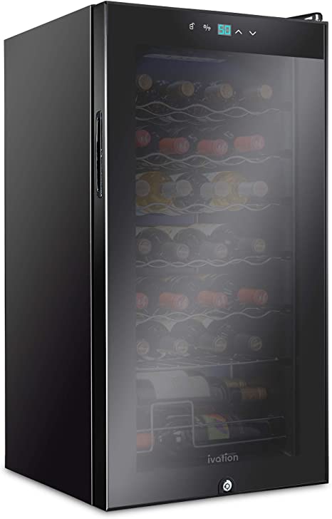 Ivation 28 Bottle Compressor Wine Cooler Refrigerator w/Lock | Large Freestanding Wine Cellar For Red, White, Champagne or Sparkling Wine | 41f-64f Digital Temperature Control Fridge Glass Door Black