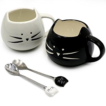 Koolkatkoo Cute Cat Ceramic Black & White Kitty Cat Mugs and Spoons Set 12 oz | Coffee Mug Gift, Cat Lover Gift, Anniversary Gift