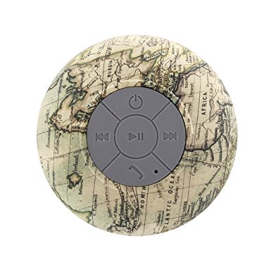 Water Resistant Bluetooth 3.0 Shower Speaker, Handsfree Portable Speakerphone with Built-in Mic, 6hrs of playtime, Control Buttons and Dedicated Suction Cup (Globe Map)
