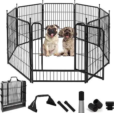 ComSaf Dog Playpen, 32" Height 8 Panels Metal Dog Fence with One Easy-Carry Straps, Playpen Pet Fence for Medium/Small Dogs, Portable Dog Pen for Outdoor, Indoor, RV, Camping, Yard