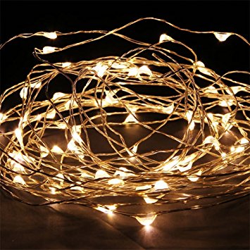 Micro 100 Warm White LED Starry Lights Plug In on 32 Ft Long Silver Ultra Thin String Wire [NEWEST VERSION] , Power Adaptor Included, Perfect For Creating Instant Appeal in Any Setting - Christmas Parties, Bedrooms, or an Intimate Environment Anywhere in the Home, Waterproof LEDs, 100% Products Satisfaction Guarantee