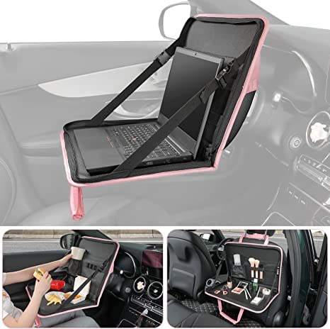 JOYTUTUS 3 in 1 Steering Wheel Eating Tray (Pink 16.34''*11.8''), Car Back Seat Laptop Desk, Multifunctional Car Office Bag, Car Work Table for Writing, Car Organizer for Kids, Commuters, Family