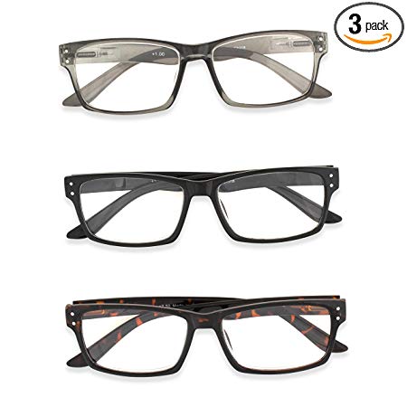 Inner Vision 3-Pack Reading Glasses Set w/Spring Hinges for Men & Women - (1.0 x Magnification) - 3 Clear Lens Readers (Neutral Color Variety)
