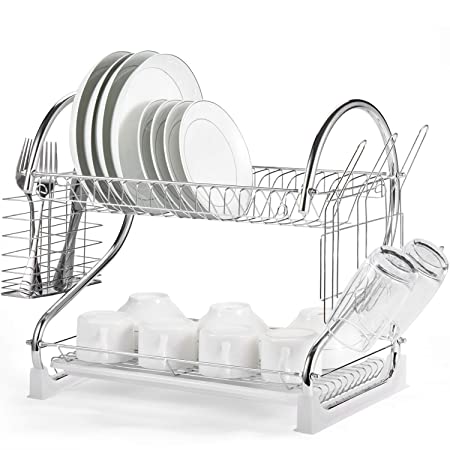Glotoch Express Glotoch 2 Tier Drying Rack,2020 Upgrades Double Rust-Proof Treatment Rack with More Stable Footpad, Utensil Holder, Cup Holder and Drainer for Kitchen Counter Top 16.5 x 9.5 x 15