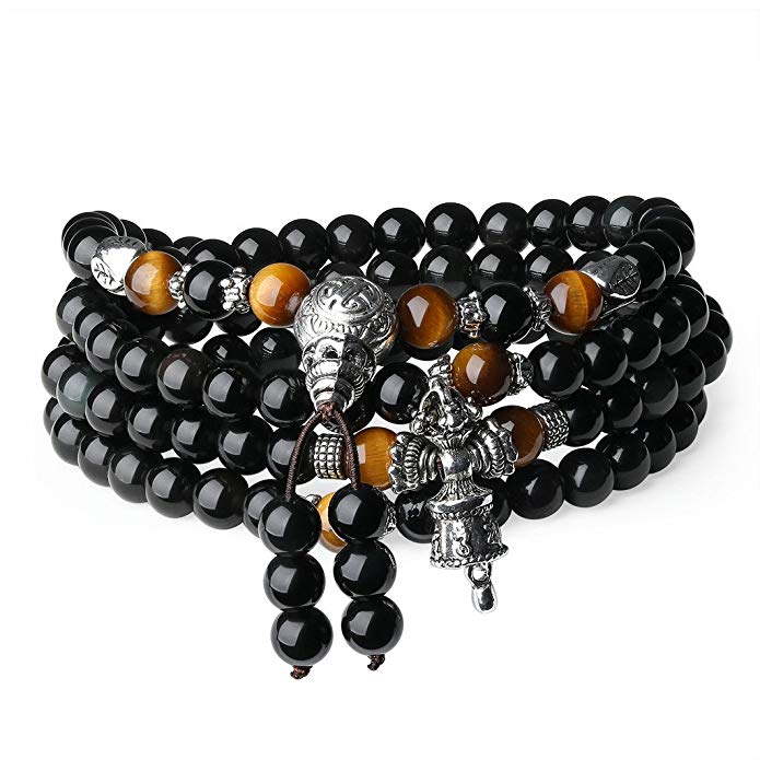 AmorWing 108 Mala Beads Obsidian Tibetan Prayer Wrap Bracelet Necklace