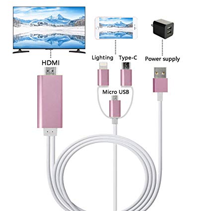 ZFKJERS 3 in 1 Lighting/Micro USB/Type-C to HDMI Cable, Mirror Mobile Phone Screen to TV/Projector/Monitor, 1080P HDTV Adapter for iOS and Android Devices (Rose)