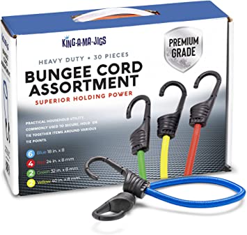 30 Pack - Premium Grade Bungee Cords Assortment - Variety of: Heavy Duty Bungee Cord Tie Down Straps With Hooks (Assorted Colors 18, 24, 32, 40 Inch) Ball Bungees (Black, 10") Mini Bungees (Black, 8")