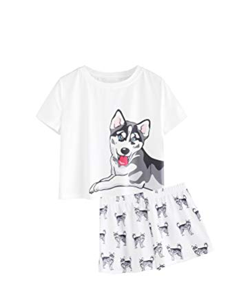 DIDK Women's Cute Cartoon Print Tee and Shorts Pajama Set