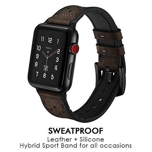 Hybrid Leather Sports Band Compatible with Apple Watch 42mm 44mm Luxury RUCHBA Comfort Practicality Sweatproof Silicone Leather Replacement Straps Compatible with iwatch Space Black 4 1 2 3