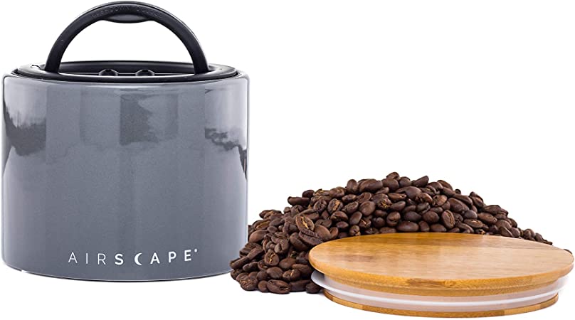 Airscape Ceramic Coffee and Food Kitchen Storage Canister | Patented Airtight Inner Lid with 2-Way Valve Preserves Food Freshness | Ceramic with Bamboo Top (Small, Slate Grey)