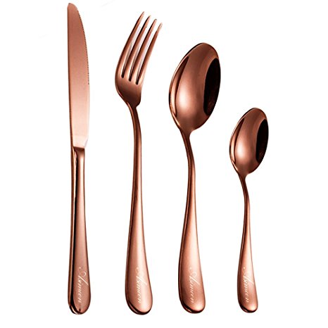 ASIMOON 24pcs Cutlery Sets, High-grade Stainless Steel Flatware Tableware Set in Gift Box Package with Spoon, Teaspoon, Knife and Fork (Rose Gold)