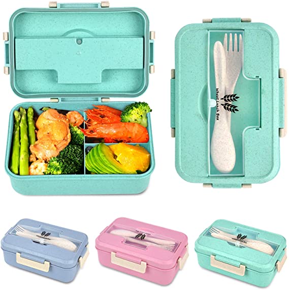 Bento Box For Kids and Adults With 3 Compartment,Wheat Fiber Leak Proof Lunch Box Food Containers With Spoon & Fork(1200ML) (Green)