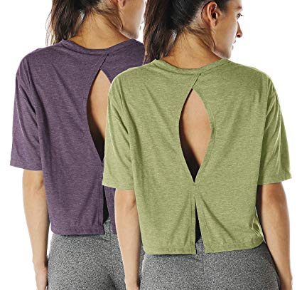 icyzone Open Back Workout Top Shirts - Yoga t-Shirts Activewear Exercise Crop Tops for Women(Pack of 2)