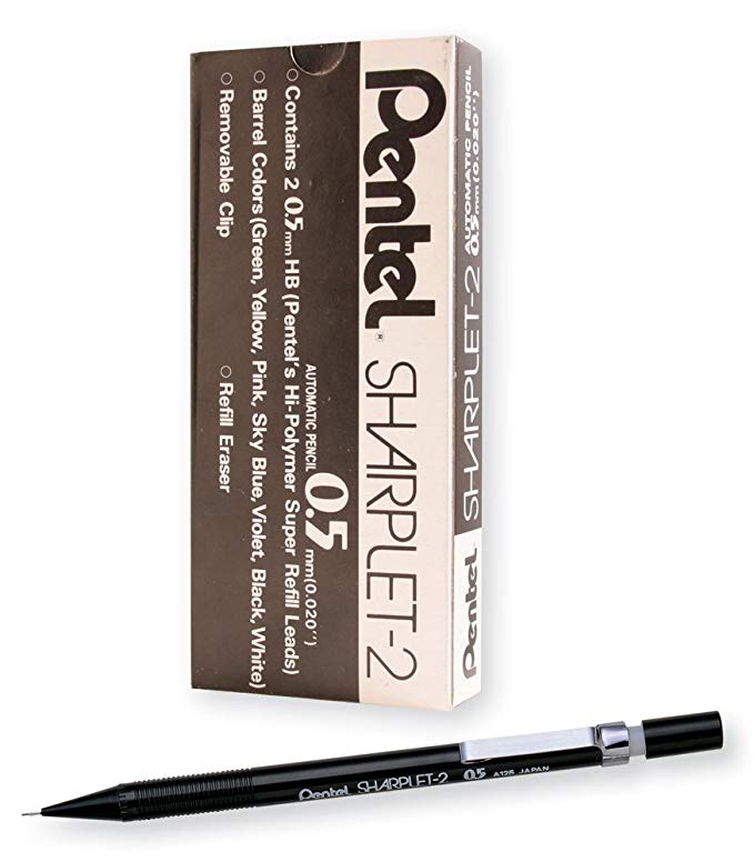 Pentel Sharplet-2 Automatic Pencil, 0.5mm Lead Size, Black Barrel, Box of 12 (A125A)