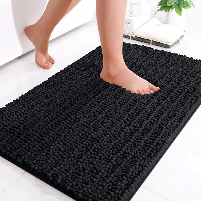 OLANLY Luxury Chenille Bath Mat, Extra Soft Thick Absorbent Shaggy Bathroom mat, Non-Slip Machine Wash Dry Plush Bath Mats for Bathroom, Shower, and Tub (24"x16", Black)