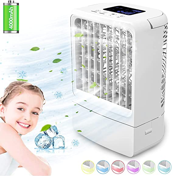 Portable Air Conditioner Fan,Cooling Fans, Personal Air Cooler Mini with Timing, 7 Colors Light, 3 Speeds Quiet Air Humidifier, for Room, Home, Office