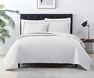 EXQ Home Quilt Set Twin Size White 2 Piece,Lightweight Soft Coverlet Modern Style Plaid Pattern Bedspread Set for All Season(1 Quilt,1 Pillow Shams)