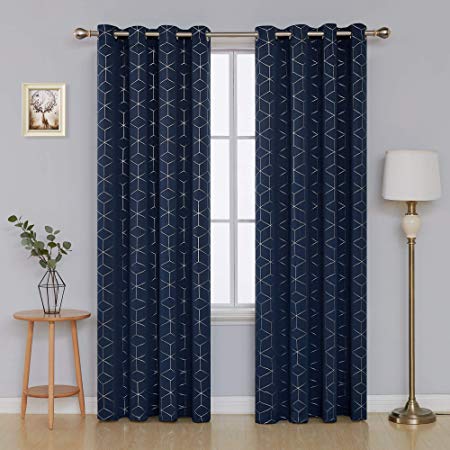 Deconovo Sliver Diamond Foil Print Drapes Thermal Insulated Curtains Grommet Blackout Curtain Panel 52 Inch by 95 Inch Navy Blue Set of 2