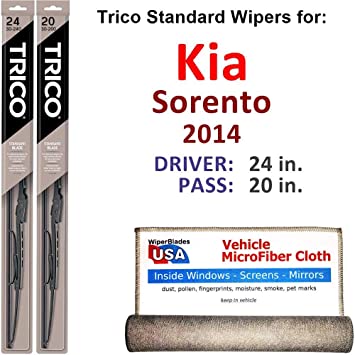 Wiper Blades for 2014 Kia Sorento Driver & Passenger Trico Steel Wipers Set of 2 Bundled with Bonus MicroFiber Interior Car Cloth