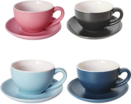BPFY 4 Pack 6.7Ounce (200 Milliliter) Porcelain Cappuccino Cups with Saucers, Demitasse Cups, Ceramic Coffee Cups for Drinks, Latte, Cafe Mocha and Tea (Black, Dark Blue, Blue, Pink)